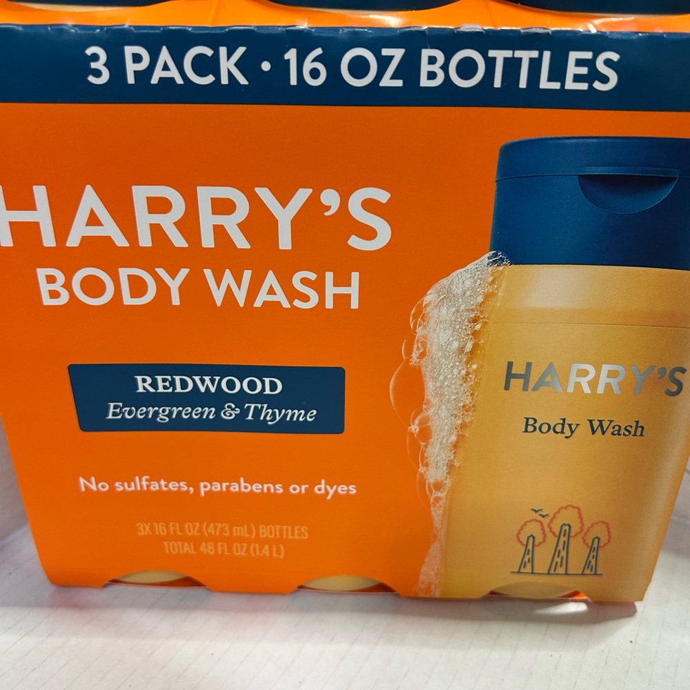 3 x Harry's Redwood evergreen thyme Body Wash 16 oz=48oz new family size